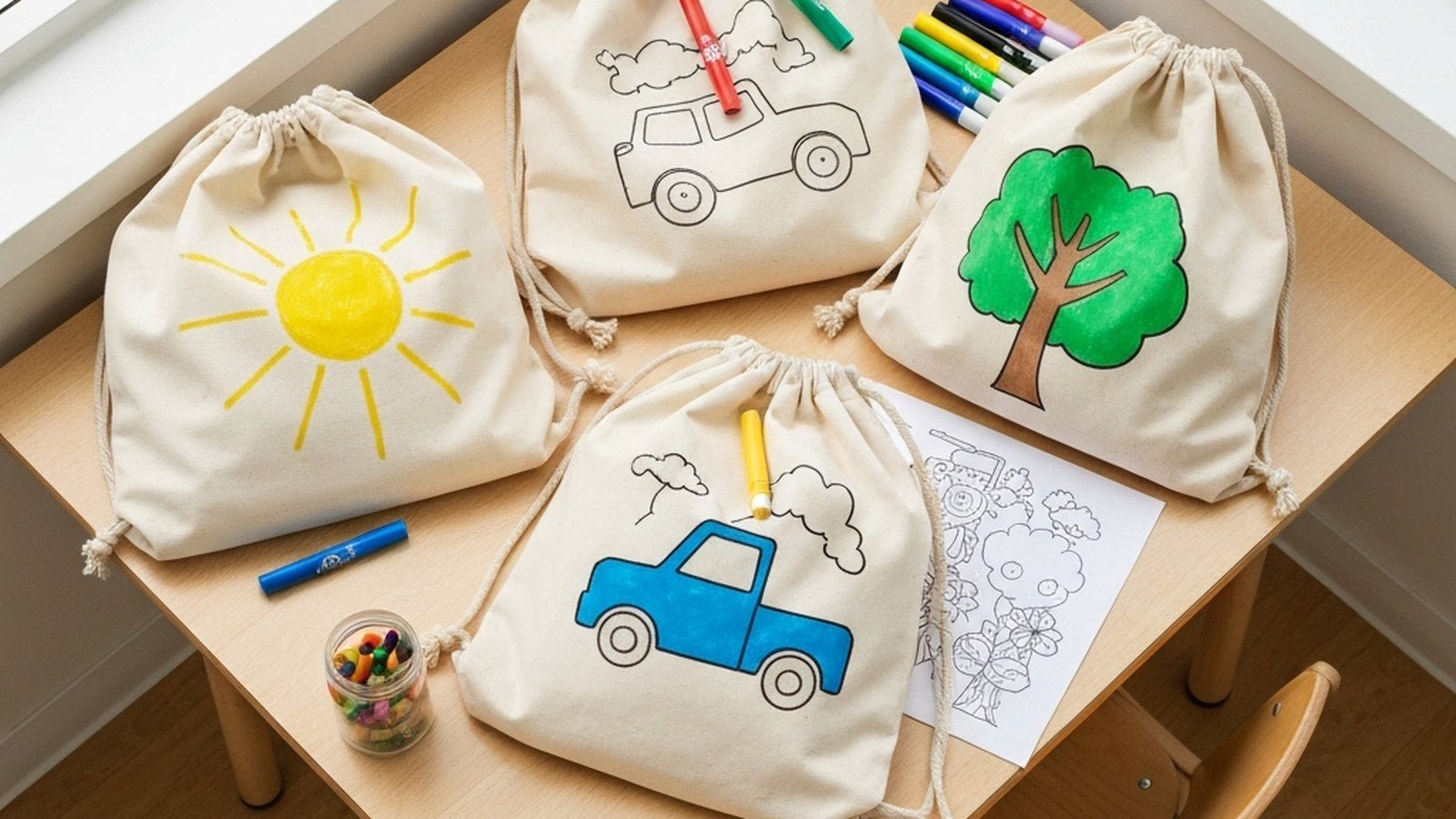 Borsa e zainetto in cotone bianco da colorare in classe