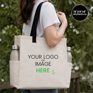 Custom printed canvas tote bag 16"W x 14"H x 6"L with your logo or image printed on the front panel