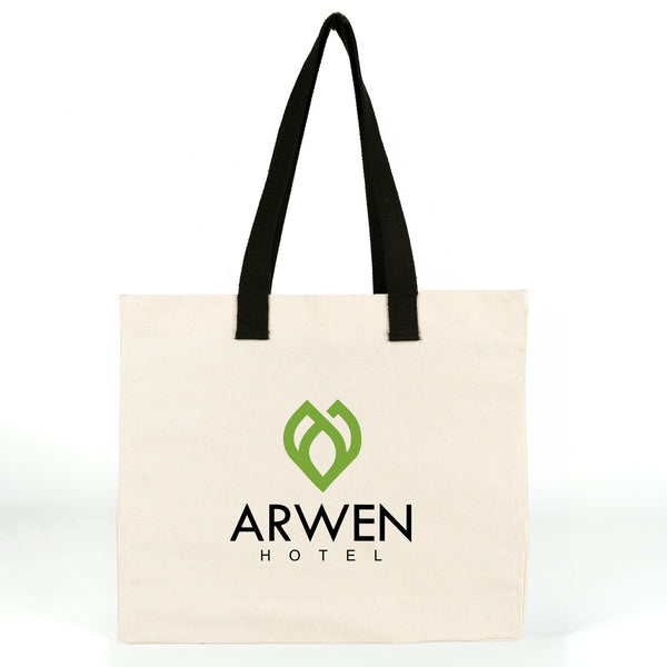 Large printed canvas bag open from above showing 6 inch gusset depth