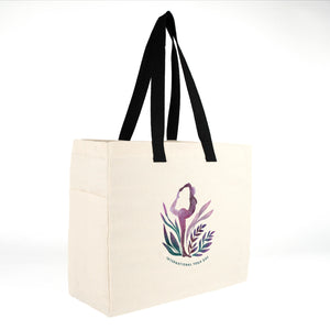 Custom printed cotton tote bag shown in use, 40x35x15 cm