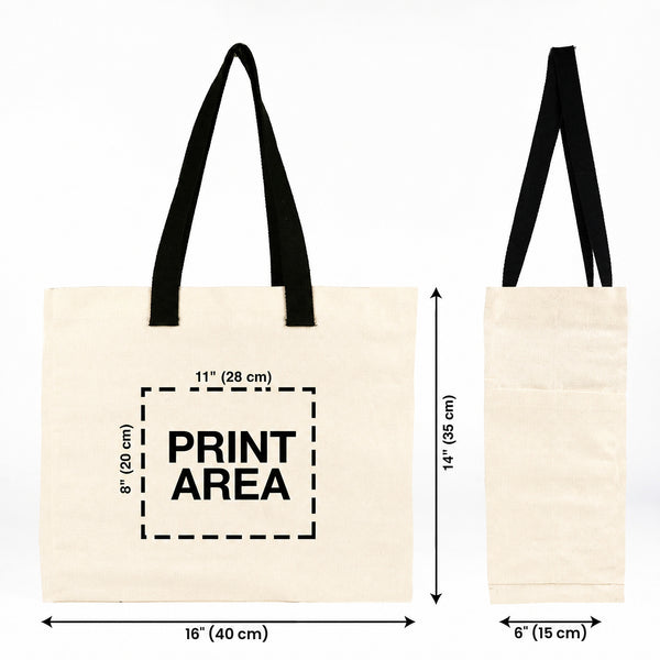 Print area diagram for the 16 x 14 x 6 inch canvas tote bag, 28 x 20 cm printable zone on the front
