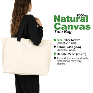 Scheda tecnica della shopper 100% cotone: 40 x 35 x 15 cm, cotone da 450 g/m², manici da 70 cm