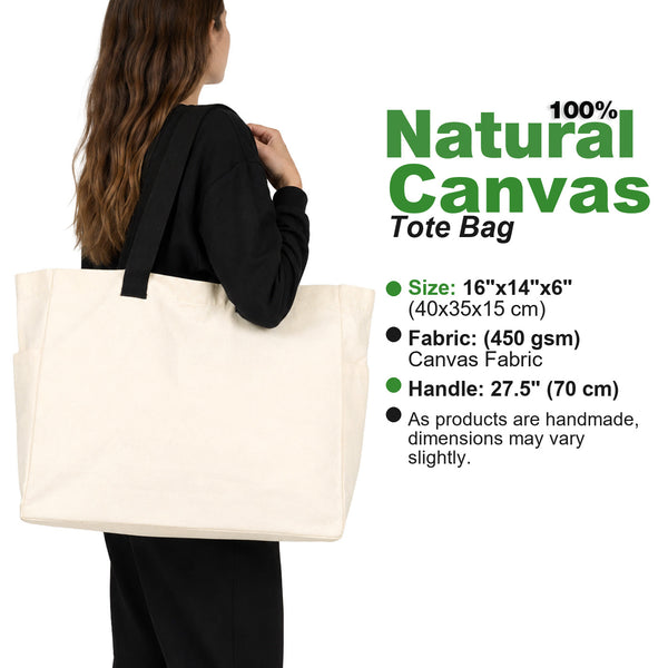 100% natural cotton tote bag spec card: 16"x14"x6" (40x35x15 cm), 450 gsm gabardine, 27.5" (70 cm) handles