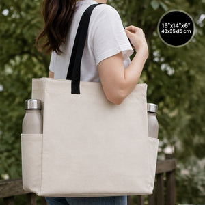Shopper in cotone neutra 40 x 35 x 15 cm in cotone naturale con manici neri intrecciati e tasche laterali