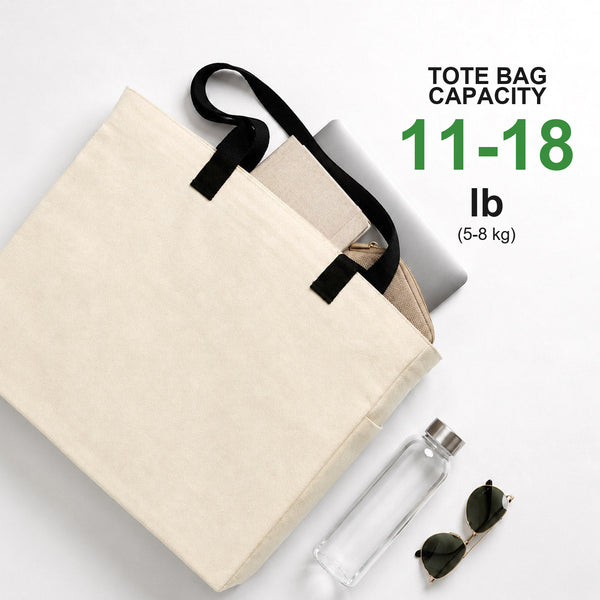 Shopper in cotone neutra con capacità di 5-8 kg mostrata con portatile, borraccia e occhiali da sole