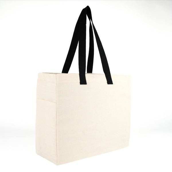 Shopper in cotone neutra vista di lato con soffietto da 15 cm di profondità