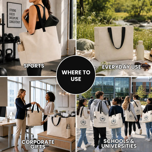 Usi della shopper in cotone grande: sport, uso quotidiano, regali aziendali, scuole e università