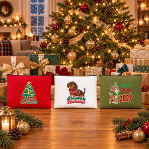 Christmas Makeup Bags Bulk – 9 Holiday & New Year 2027 Designs, Zipper Clutch 8.3" × 6" (21 × 15 cm) – Cotton Gabardine