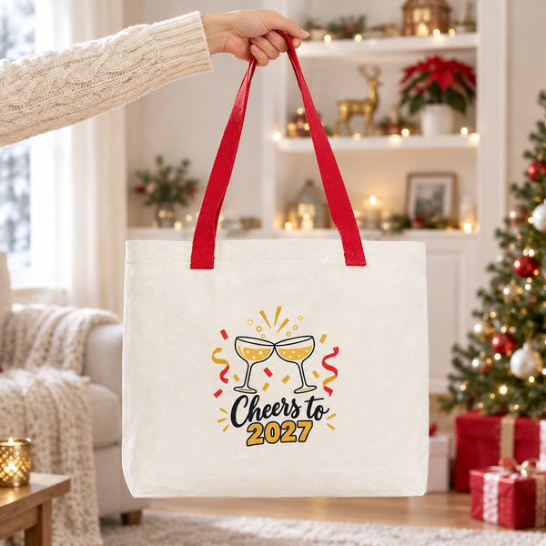 Christmas Canvas Tote Bags Bulk – 18" × 14" × 3" (45 × 35 × 8 cm) with Beige, Red or Black Knitted Handles, 9 Happy New Year 2027 Designs - Pamusan.com