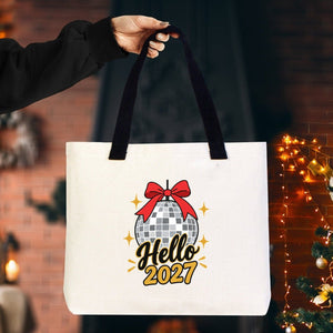 Christmas Canvas Tote Bags Bulk – 18" × 14" × 3" (45 × 35 × 8 cm) with Beige, Red or Black Knitted Handles, 9 Happy New Year 2027 Designs - Pamusan.com