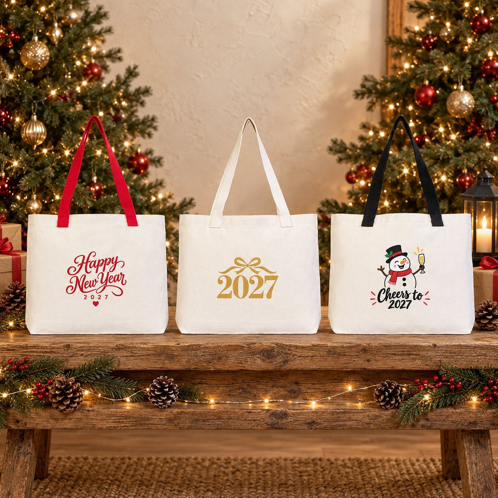 Borsa in tela di Natale – manici in maglia beige, rossi o neri, 45 × 35 × 8 cm, 9 motivi Happy New Year 2027 – cotone 320 g/m² - Pamusan.it