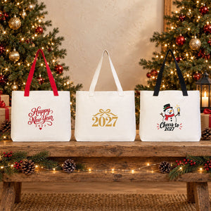 Christmas Canvas Tote Bags Bulk – 18" × 14" × 3" (45 × 35 × 8 cm) with Beige, Red or Black Knitted Handles, 9 Happy New Year 2027 Designs - Pamusan.com