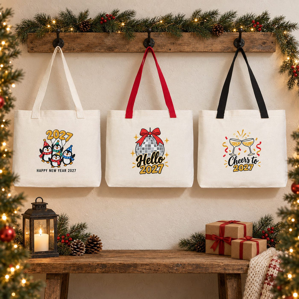 Borsa in tela di Natale – manici in maglia beige, rossi o neri, 45 × 35 × 8 cm, 9 motivi Happy New Year 2027 – cotone 320 g/m² - Pamusan.it