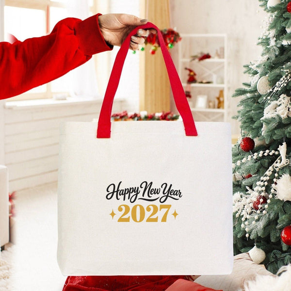 Christmas Canvas Tote Bags Bulk – 18" × 14" × 3" (45 × 35 × 8 cm) with Beige, Red or Black Knitted Handles, 9 Happy New Year 2027 Designs - Pamusan.com