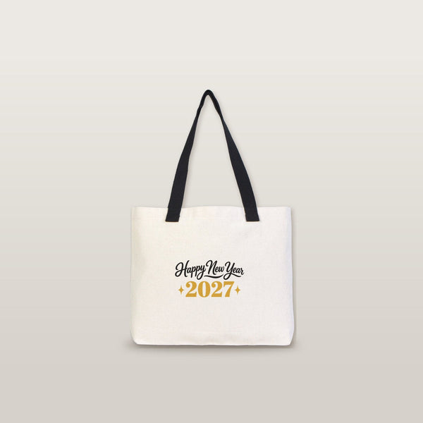Christmas Canvas Tote Bags Bulk – 18" × 14" × 3" (45 × 35 × 8 cm) with Beige, Red or Black Knitted Handles, 9 Happy New Year 2027 Designs - Pamusan.com