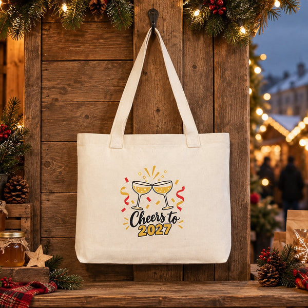 Christmas Canvas Tote Bags Bulk – 18" × 14" × 3" (45 × 35 × 8 cm) with Beige, Red or Black Knitted Handles, 9 Happy New Year 2027 Designs - Pamusan.com