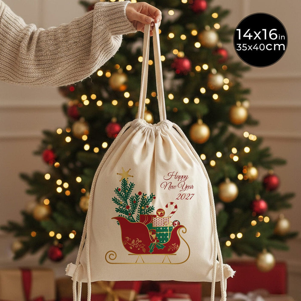Zaino con coulisse natalizio 35 × 40 cm – cotone naturale con coulisse e motivo slitta Happy New Year 2027 – Pamusan.it