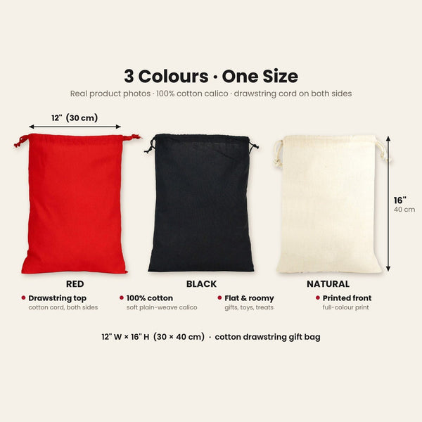 Christmas Drawstring Gift Bags Bulk – 12" × 16" (30 × 40 cm) Cotton Bags in Red, Black or Natural, 9 Holiday & New Year 2027 Designs - Pamusan.com