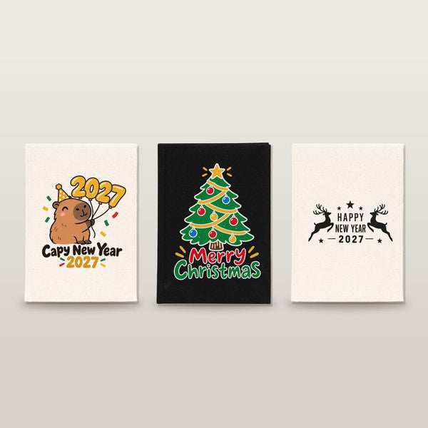 Christmas Journal Bulk – Canvas Notebook A5 5.5" × 7.9" (14 × 20 cm), 9 Holiday & New Year 2027 Designs, Natural or Black Cover - Pamusan.com