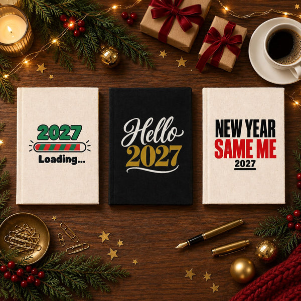Christmas Journal Bulk – Canvas Notebook A5 5.5" × 7.9" (14 × 20 cm), 9 Holiday & New Year 2027 Designs, Natural or Black Cover - Pamusan.com