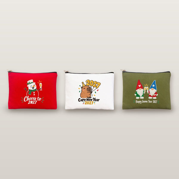Christmas Makeup Bags Bulk – 9 Holiday & New Year 2027 Designs, Zipper Clutch 8.3" × 6" (21 × 15 cm) – Cotton Gabardine - Pamusan.com