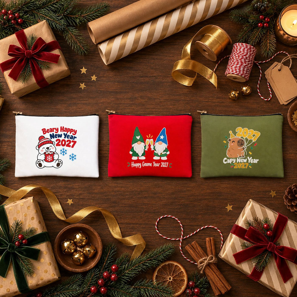 Pochette trucchi di Natale – 9 design Natale e Capodanno 2027, trousse con zip 21 × 15 cm – cotone