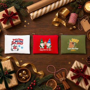 Christmas Makeup Bags Bulk – 9 Holiday & New Year 2027 Designs, Zipper Clutch 8.3" × 6" (21 × 15 cm) – Cotton Gabardine - Pamusan.com