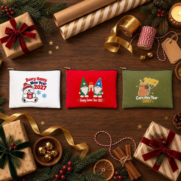 Christmas Makeup Bags Bulk – 9 Holiday & New Year 2027 Designs, Zipper Clutch 8.3" × 6" (21 × 15 cm) – Cotton Gabardine - Pamusan.com