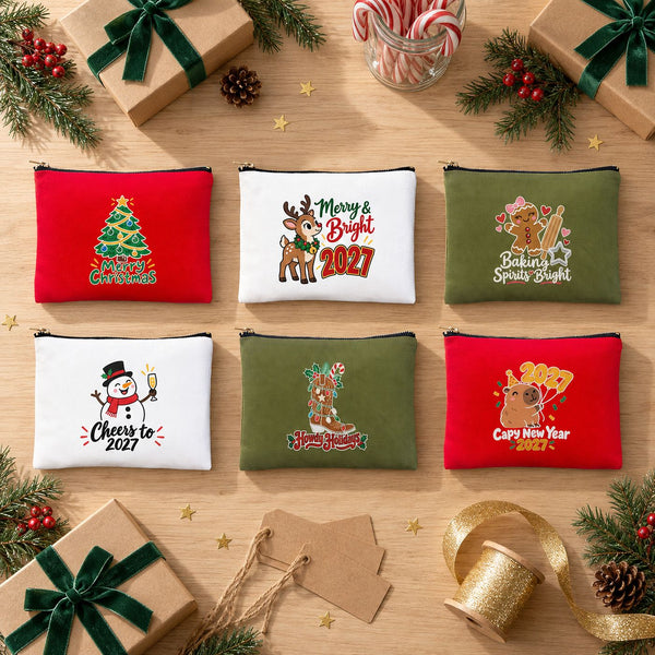 Christmas Makeup Bags Bulk – 9 Holiday & New Year 2027 Designs, Zipper Clutch 8.3" × 6" (21 × 15 cm) – Cotton Gabardine - Pamusan.com