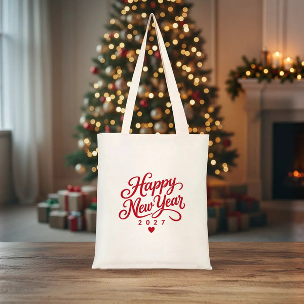 Christmas Tote Bags Bulk – 14" × 16" (35 × 40 cm) Cotton Gabardine Totes in Natural, Red or Black, 9 Happy New Year 2027 Designs - Pamusan.com