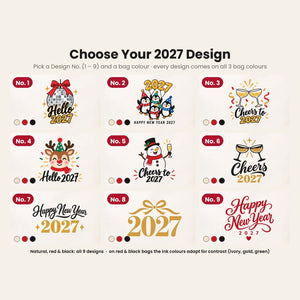 Christmas Tote Bags Bulk – 14" × 16" (35 × 40 cm) Cotton Gabardine Totes in Natural, Red or Black, 9 Happy New Year 2027 Designs - Pamusan.com