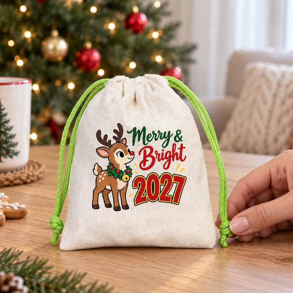 Christmas Treat Bags Bulk – Small Cotton Muslin Drawstring Gift Bags 4" × 5" (10 × 13 cm), Red, Green or Natural Cord, 9 Holiday & New Year 2027 Designs - Pamusan.com