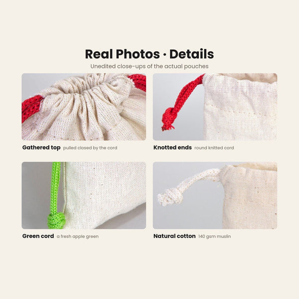 Christmas Treat Bags Bulk – Small Cotton Muslin Drawstring Gift Bags 4" × 5" (10 × 13 cm), Red, Green or Natural Cord, 9 Holiday & New Year 2027 Designs - Pamusan.com