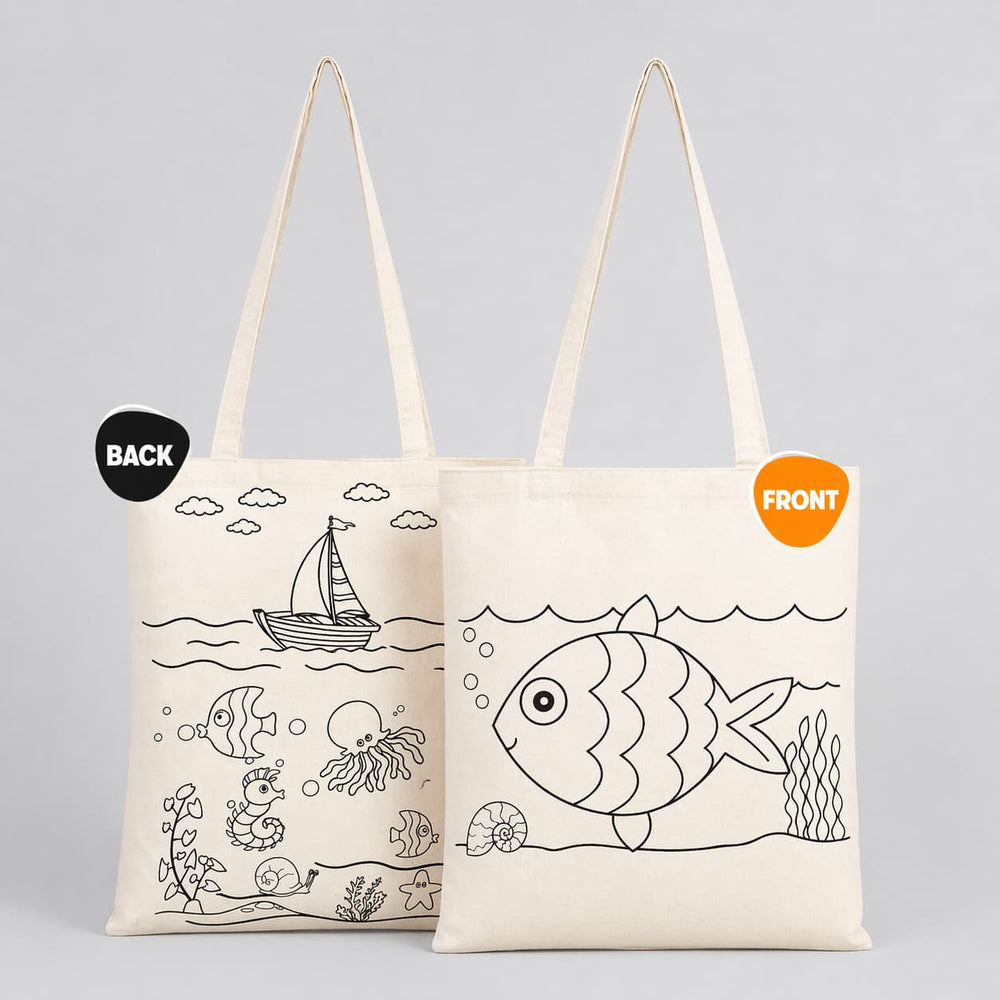 Fun Activity Set | 4 Double - Sided Colorable Totes/ Pencil Pouch 14"x16" / Fabric Marker - Pamusan.com