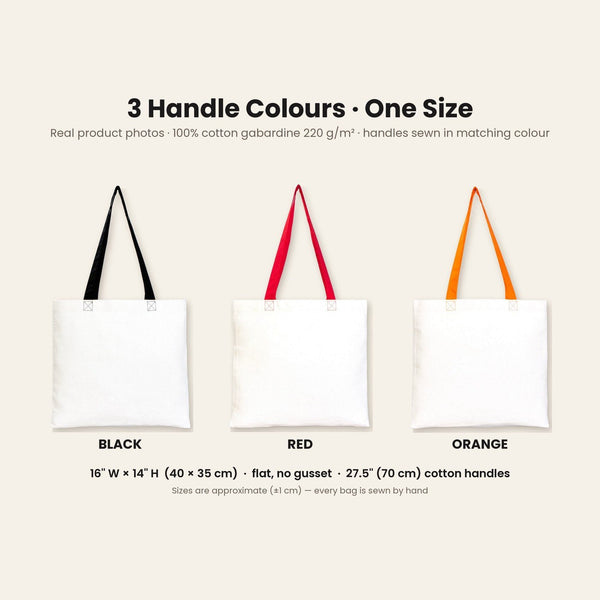 Colorful Tote Bags Bulk – Christmas & New Year 2027 Cotton Totes 16" × 14" (40 × 35 cm) with Black, Red or Orange Handles, 9 Designs - Pamusan.com