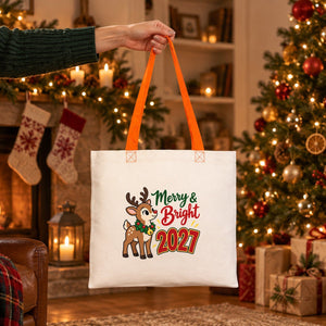 Colorful Tote Bags Bulk – Christmas & New Year 2027 Cotton Totes 16" × 14" (40 × 35 cm) with Black, Red or Orange Handles, 9 Designs - Pamusan.com