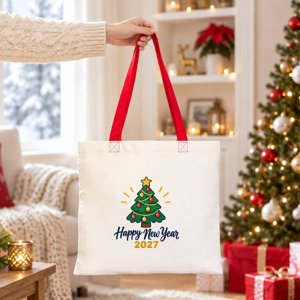 Colorful Tote Bags Bulk – Christmas & New Year 2027 Cotton Totes 16" × 14" (40 × 35 cm) with Black, Red or Orange Handles, 9 Designs - Pamusan.com
