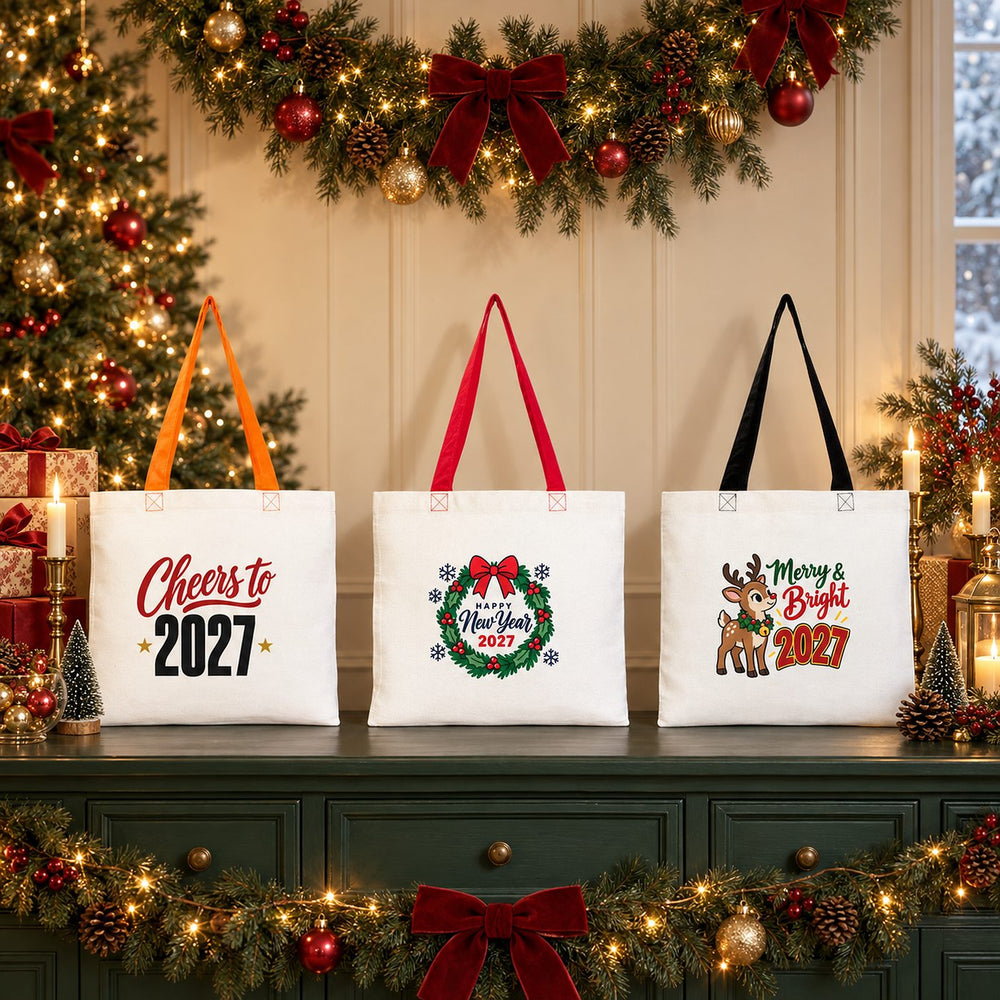 Borsa di Natale in cotone con manici colorati – tote bag 40 × 35 cm, manici neri, rossi o arancioni, 9 motivi Natale e Capodanno 2027 - Pamusan.it