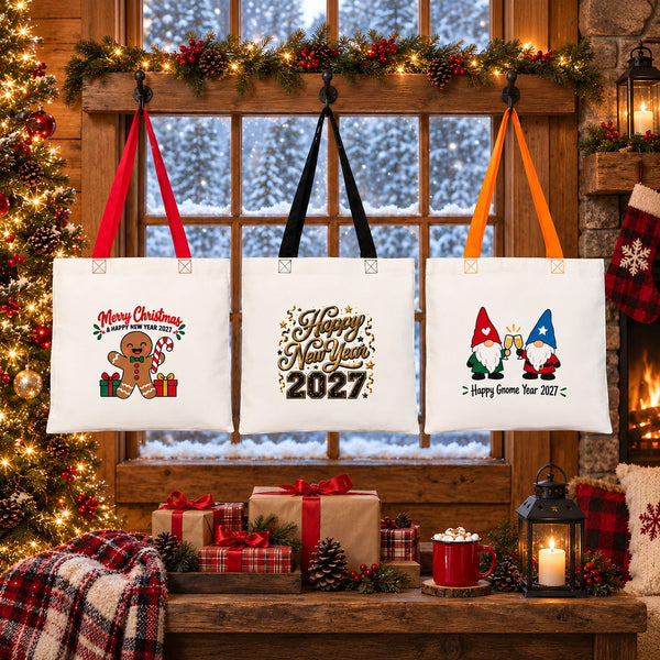 Colorful Tote Bags Bulk – Christmas & New Year 2027 Cotton Totes 16" × 14" (40 × 35 cm) with Black, Red or Orange Handles, 9 Designs - Pamusan.com