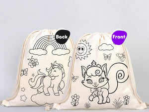Magical Unicorn and Cat Kids Cotton Drawstring Coloring Bag - 14"x16" (35x40cm) - Pamusan.com