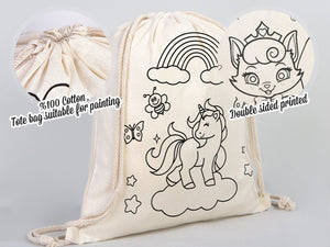 Magical Unicorn and Cat Kids Cotton Drawstring Coloring Bag - 14"x16" (35x40cm) - Pamusan.com
