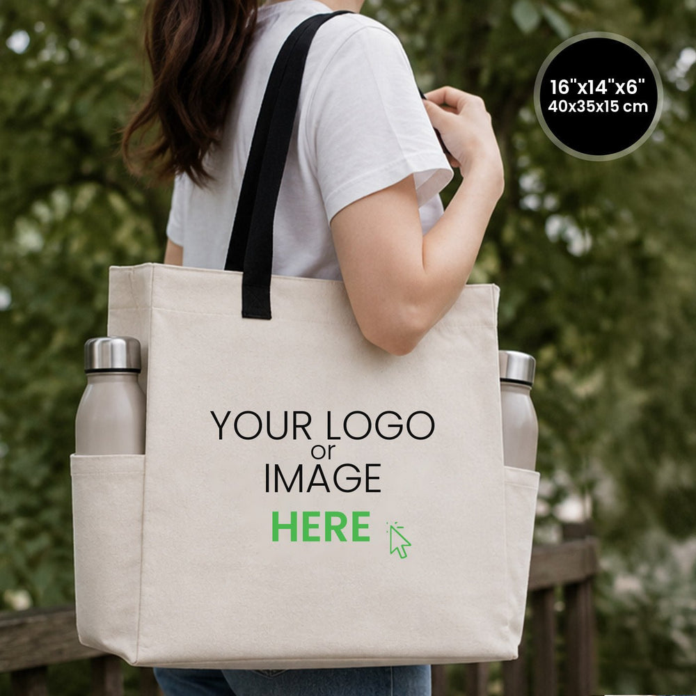 Custom Printed Canvas Tote Bags 16"W x 14"H x 6"L – Two Side Pockets, Black Woven Handles – 450 gsm Cotton - Pamusan.com
