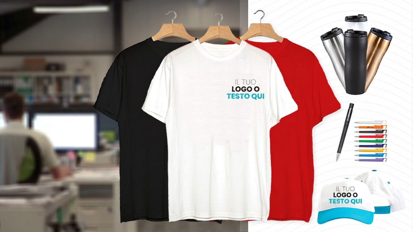 Gadget promozionali personalizzati: magliette, tazze termiche, penne e cappellini con logo