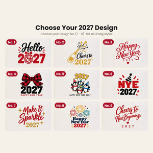 Happy New Year Tote Bags Bulk – Canvas Tote Bags in 3 Styles: Large City 18" × 14" × 4", Red Handles 18" × 14" × 3" or Red Trim 16" × 14" × 5", 9 New Year 2027 Designs - Pamusan.com