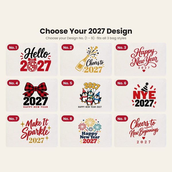 Happy New Year Tote Bags Bulk – Canvas Tote Bags in 3 Styles: Large City 18" × 14" × 4", Red Handles 18" × 14" × 3" or Red Trim 16" × 14" × 5", 9 New Year 2027 Designs - Pamusan.com