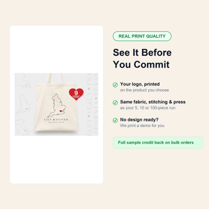 See the real print quality before you commit — same fabric, stitching and press as your 5, 10 or 100-piece run