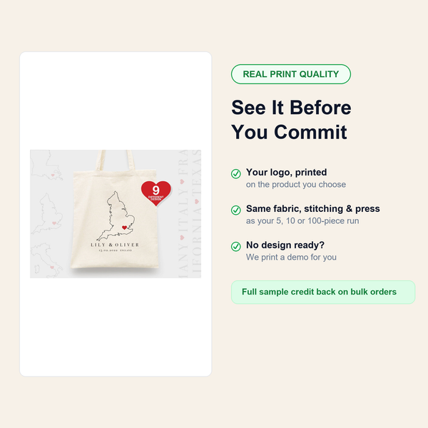 See the real print quality before you commit — same fabric, stitching and press as your 5, 10 or 100-piece run