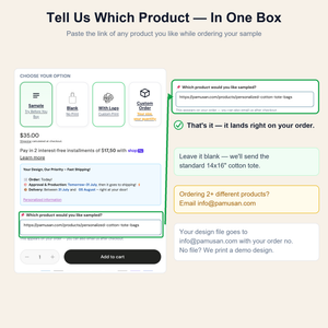 Tell us which product in one box — paste the link of any product you like into the box on this page while ordering your sample