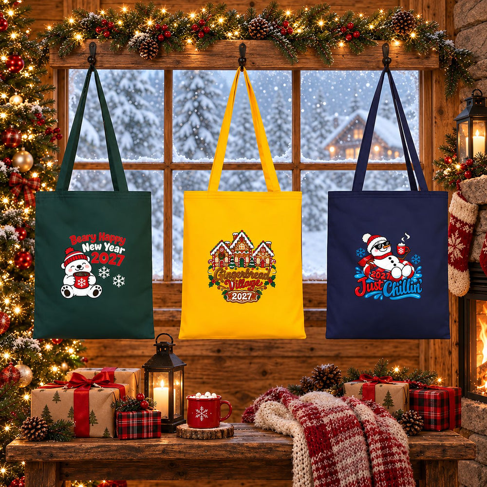 Borse regalo di Natale in stoffa – tote bag riutilizzabile in cotone 35 × 40 cm, verde, giallo o blu navy, 9 motivi Natale e Capodanno 2027 - Pamusan.it