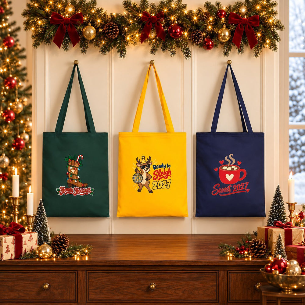Borse regalo di Natale in stoffa – tote bag riutilizzabile in cotone 35 × 40 cm, verde, giallo o blu navy, 9 motivi Natale e Capodanno 2027 - Pamusan.it